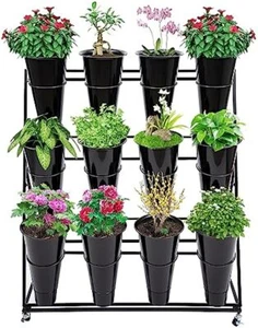 Flower Display Stand with Buckets , Flower Shelf Rack 3 Tier Metal Plant Stand - Picture 1 of 6