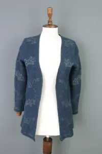 PERUVIAN CONNECTION Blue Floral Alpaca Wool Open Front Cardigan Sweater Size L - Picture 1 of 14