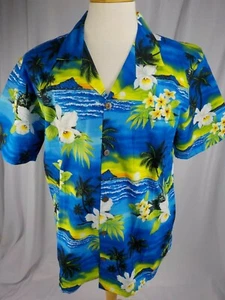 FAVANT HAWAIIAN SHIRT MEN SZ 2XL BLUE FLORAL PALM TREES BEACH PCKET COCONUT BTNS - Picture 1 of 7