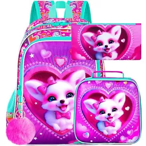 3PCS Girls Backpack Kid Water Resistant Heart Bookbag Lunch Box Preschool Set - Picture 1 of 8