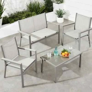 Gray 4-Piece Outdoor Gray Textilene Metal Patio Conversation Furniture Set w/ Lo - Picture 1 of 7