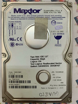 Hard Disk Usato IDE 3,5" 80gb MAXTOR 6Y080L0422611 YAR41BW0 12 AUG 2004 - Immagine 1 di 4
