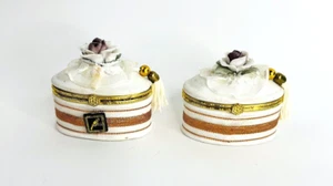 Hand Painted Rose Trinket Box Jewelry Box Oval White Plum Gold Trim Tassel Set 2 - Picture 1 of 8