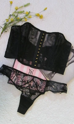 Conjunto de 3 sutiã e meia tanga Victoria's Secret bordado preto sem alças G - Imagem 1 de 4