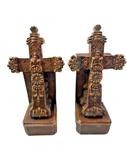 Vintage Holy Cross Bookends Ornate Resin Celtic Floral Retro Religion 8" Tall - Picture 1 of 8