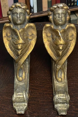 1800s ANTIQUE CHERUB ANGEL CARVED WOOD CORBELS CURTAIN DRAPERY HOLDERS Cover