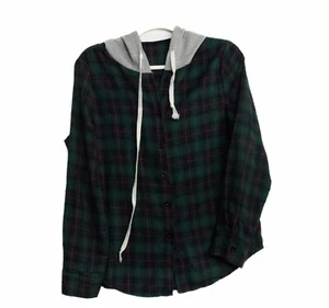 Boys Green Plaid Sweater Hooded Full Button Long Sleeve Drawstring Polyester S - Picture 1 of 7