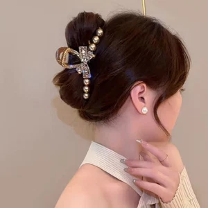 2024 Fashion Korean Edition New Pearl Crystal Bow Horse Tail Claw Clip-i - Picture 1 of 12