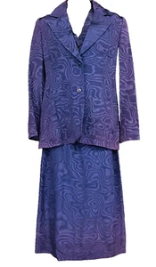 Vintage 1990s blue silk Oscar de la Renta suit navy skirt jacket vest set moire - Picture 1 of 15