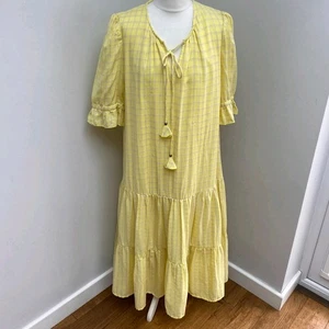 Thought Dress Size 18 Yellow Tiered Midi Prairie Check CottageCore Tie Neck Boho - Picture 1 of 12