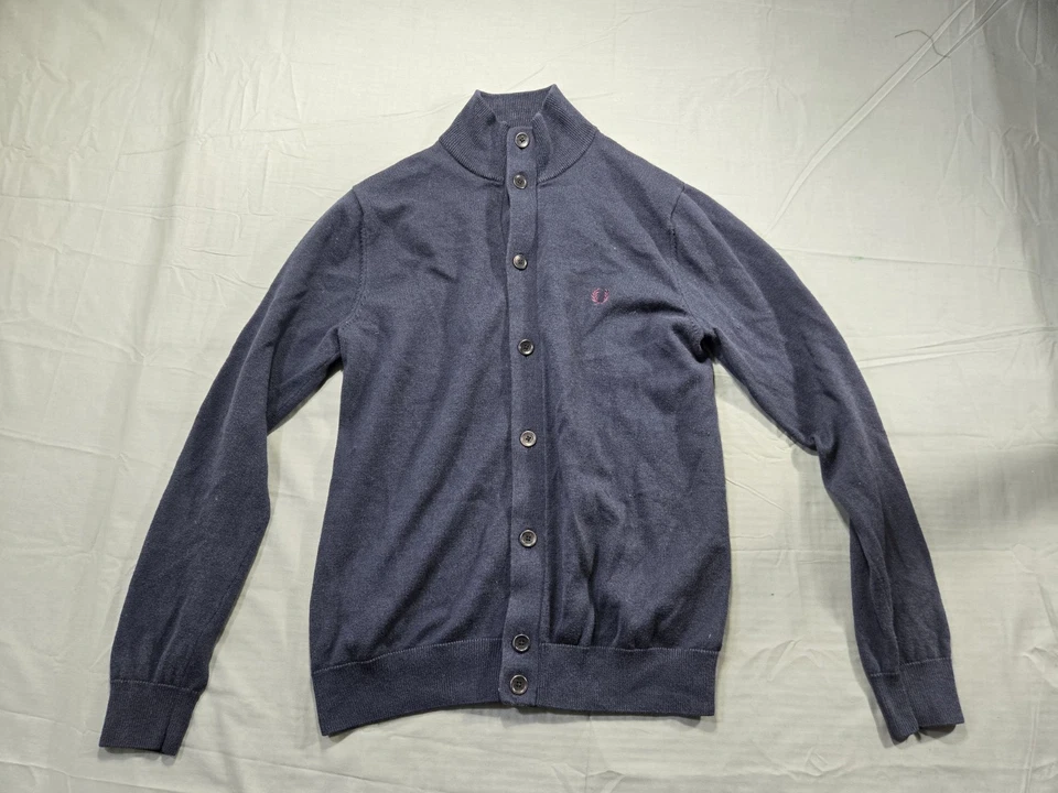 Fred Perry Sweater Mens Medium Blue Cardigan Wool Cotton Slim Fit Dark Navy - Image 1 of 4