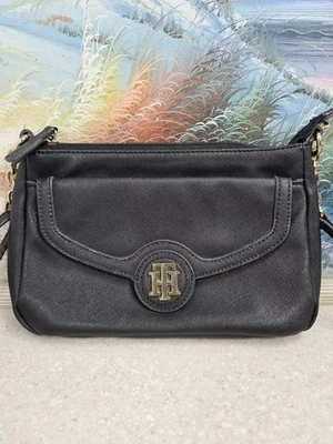 Tommy Hilfiger Black Fuax Leather Shoulder Handbag Purse Gold Logo - Image 1 of 4