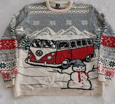 Volkswagen VW автобус кемпер фургон зимние лыж праздник свитер красный серый снеговик размер XL - Изображение 1 из 4