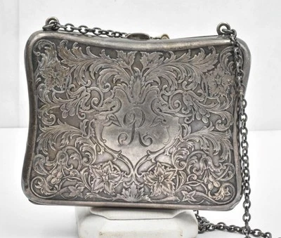 Antiguo monedero de plata esterlina sólido grabado a mano para damas de la edad con solapa años 20 Foto 1 de 4