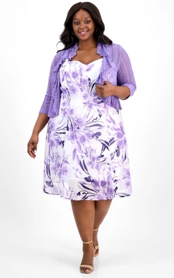 Cárdigan de encaje talla grande Connected y vestido estampado floral - marfil púrpura - 18W Foto 1 de 4