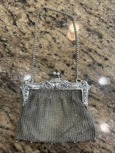 Antique Art Nouveau Purse Embossed GERMAN Silver Chainmail Mesh Evening Bag Line - Picture 1 of 9