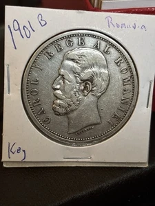 1901 B Romania 5 Lei๐ท๐ด Roumanie ๐ท๐ด Argent~silver Anniversary Of Reign Carol - Picture 1 of 7