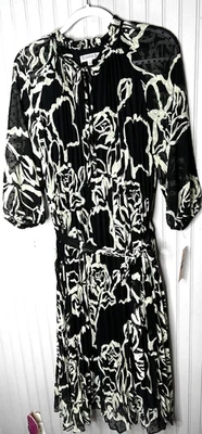 Nanette Lepore Dress Womens 16 Black Beige Floral Chiffon Belted NEW $148 - Image 1 of 4