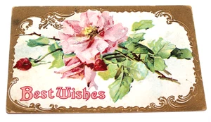 Cartolina antica vittoriana auguri fiori rosa in rilievo non spedita CPA2 - Foto 1 di 4