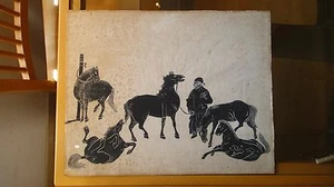 CHINESE VINTAGE BLACK INK PRINT ON RICE PAPER HORSES - NOT FRAMED - Picture 1 of 12