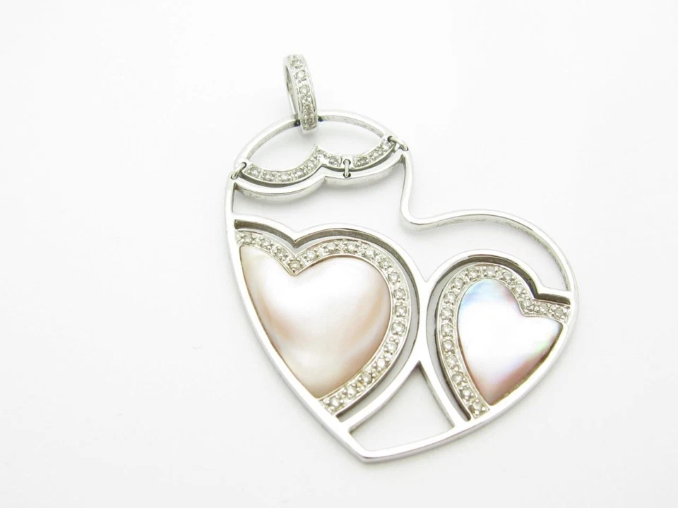 14k Bianco Oro e Diamanti Rosa Madreperla Cuore Design Grande Ciondolo Regalo - Immagine 1 di 1