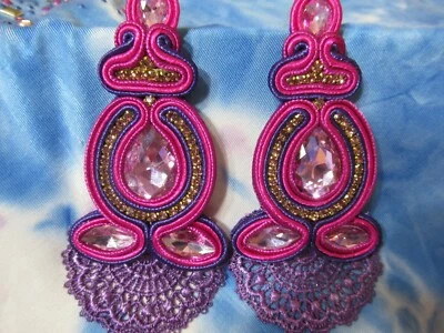 IMPRESIONANTES PENDIENTES BOHEMIOS PÚRPURA NARANJA SOUTACHE SEDA HECHOS A MANO NUEVOS Foto 1 de 4