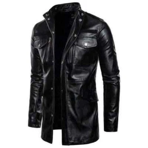 Men's Black Leather 100% Real Lambskin Vintage Trench Coat Stylish Winter Wear - Picture 1 of 10
