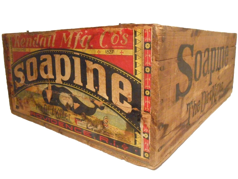 RARE SOAPINE DIRT KILLER LAUNDRY SOAP PROV RI INK STMPD WD BOX CRATE/PAPER LABEL - Image 1 of 4