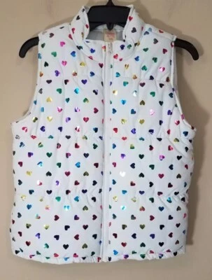 Faded Glory Puffer Vest Girls Size XLarge (14-16) Foil Hearts White - Image 1 of 4