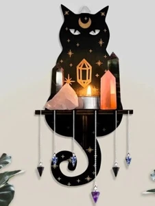 Cat Animal Black Gold Crystal Celestial Magic Vintage Wooden Hanging Wall Shelf - Picture 1 of 3