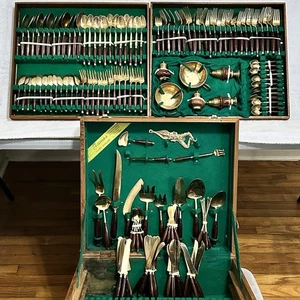 Vtg James Quality Jewelers 157pc Brass Flatware Set w/ Case Bangkok, Thailand - Picture 1 of 24