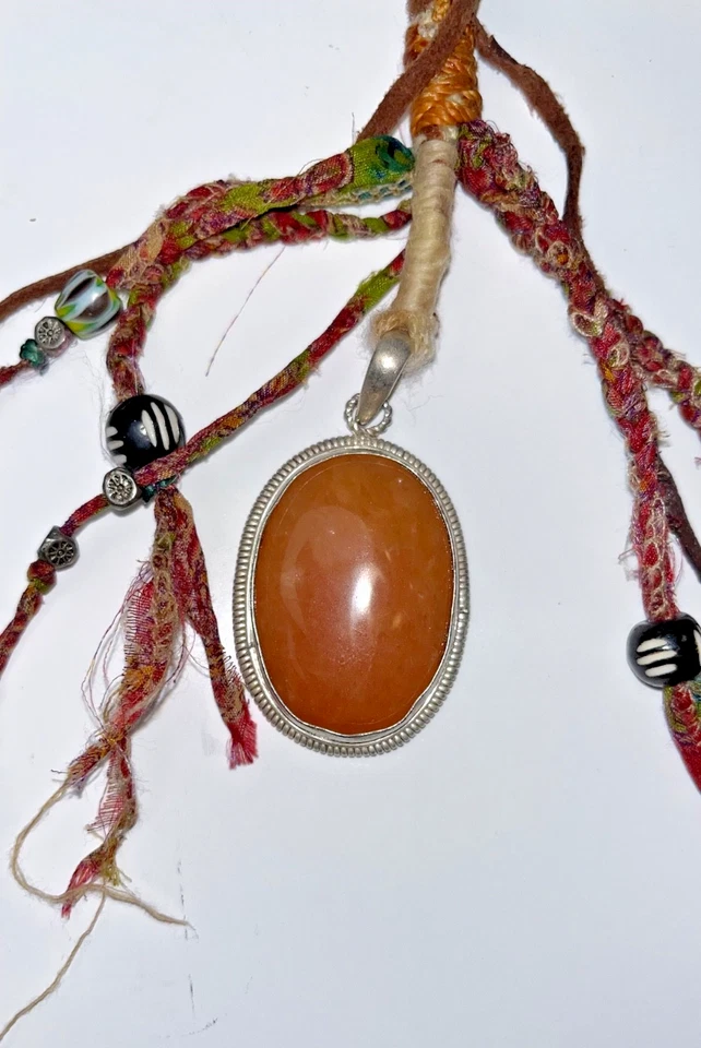Orange SUNSTONE 925 Sterling Silver Pendant Long Sari Silk Boho Tribal Necklace - Image 1 of 4