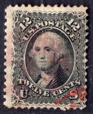 US 1867 TWELVE CENTS WASHINGTON Sc. #90 GRILL LIGHT RED CANCEL NEAT PERFS - Image 1 of 2