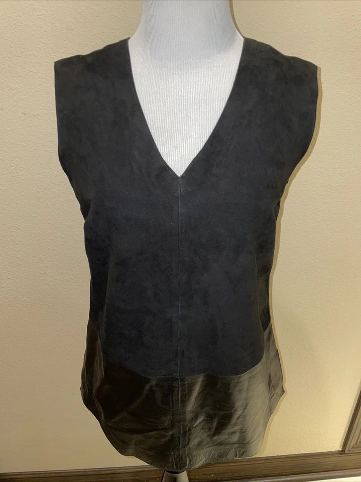 VINCE Women Black Suede & Leather V Neck Sleeveless Tank Vest Top Size 4 - Image 1 of 4