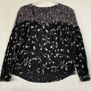 Lucky Brand Top Tee Blouse Women Small Black Floral Print Long Sleeve Stretch - Picture 1 of 10