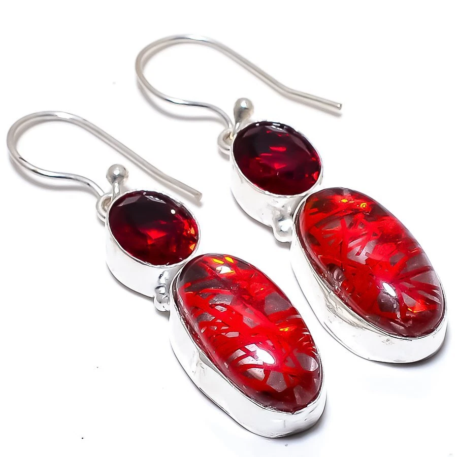 Red Rutile Quartz, Garnet Gemstone 925 Silver Jewelry Earring 2.0" R-2331 - Image 1 of 1