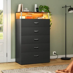 Dresser for Bedroom with LED lights, 5 Drawers Dresser with Tabletop Shelf,Black - Picture 1 of 8