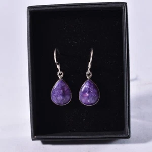 Charoite Drop Earrings 925 Sterling Stirling Silver Purple Tear Drop Pear 15mm - Picture 1 of 3