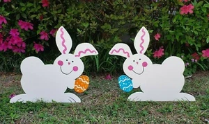 2 EASTER BUNNY RABBITS YARD ART DECORATION HANDMADE NEW - Picture 1 of 6
