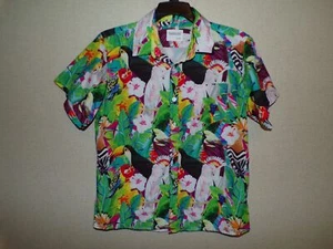 Tunevuse Shirt Boys Size 13/14Y L Green Multicolor Button Down Tropical Birds - Picture 1 of 10