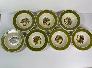 Set Of 7 Metlox Poppytrail Provincial Fruit Green Rim 6.25" Dessert Bowls - Picture 1 of 12