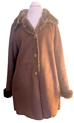 Talbots Brown Faux Suede Coat Jacket w/Faux Fur Lining Collar Trim XL - Image 1 of 4