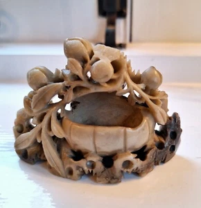 Vintage Chinese Soapstone Vase / Inkwell with Floral Sculptures - Picture 1 of 8