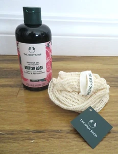NEW The Body Shop British Rose Shower Gel 8.4 oz With Bath Puff Vegan - Picture 1 of 5