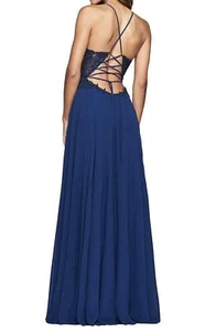 Faviana Long Blue Gown Sweetheart Neck, Open Back, Side Slit, Sparkles Size 16 - Picture 1 of 12