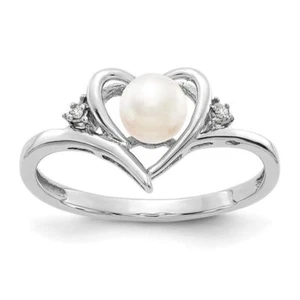 14K Solid White Gold Freshwater Cultured Pearl Diamond Heart Ring - Picture 1 of 44