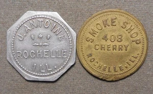 D660 2-Rochelle IL: Smoke Shop, 408 Cherry – 10c + J. Antone – 5c. Aluminum & br - Picture 1 of 2
