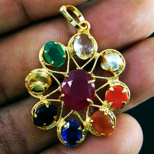 Navratna Gemstone Pendant – 9 Planet Healing Stones Handmade Gold Plated Jewelry - Picture 1 of 11
