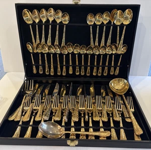 Wm Rogers & Son Enchanted Rose (Gold Electroplate) Flatware 54 piece set box - Picture 1 of 10