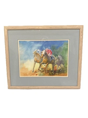 Original Watercolor By Lionel Lefebvre Horse Racing Jockey Framed & Matted - Image 1 of 4